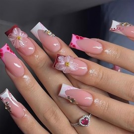 Jremg French Tip Press on Nails Medium Square Fake Nails with Rhinestones Designs Glossy 3D Flower Full Cover Stick on Nails Reusable Cute Floral Coffin False Nails for Women 24Pcs