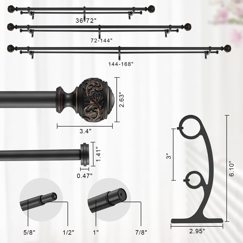 Double Curtain Rod, 1 inch Window Telescoping Drapery Double Rod
