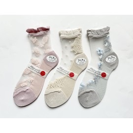 Made in Japan Women's Floral See-Through Socks, Silk Blend, Socks, Cute, Earth Color, 3 Pair Set (Pattern is random)