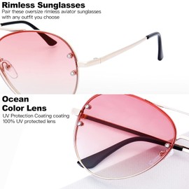 The Fresh Oversize Rimless Double Crossbar Ocean Color Lens Aviator Sunglasses 61mm Gift Box (2-Gold, Pink/Yellow)