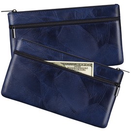 HAUTOCO 2 Pcs Money Bag with Zipper 11 x 6.1 inch Embossed Deposit Money Pouch with Lined PU Leather Bank Bag Two Pockets Utility Wallet for Cash Check Receipt Coins Cosmetics, Royal Blue