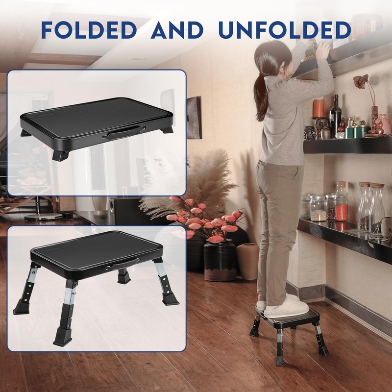 BONTEC Folding Step Stool, 3-Level Adjustable Metal Step Stool with