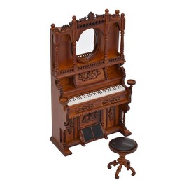 iLAND Rococo Dollhouse Furniture 1:12 Scale Dollhouse Wooden Collectibles, Carved Miniature Piano and Piano Stool