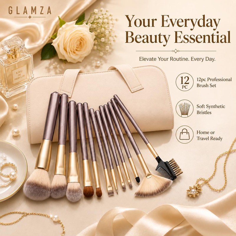 Glamza 12-Piece Champagne Brushes Set In Pouch1 Units