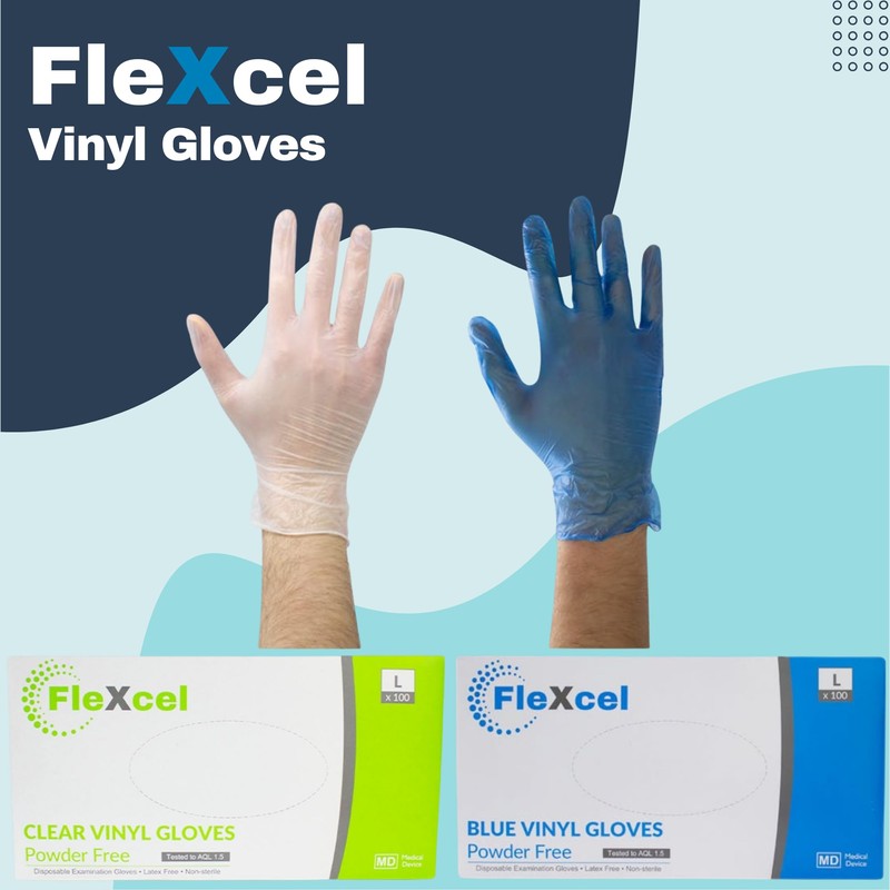 FleXcel Vinyl Gloves, Powder Free, Medical Grade, Food Safe, Latex
