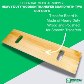Essential Medical Supply Heavy Duty Transfer Board for Bath, Toilet, Bed or Wheelchair - Wood Slide Board with Two Handles for Easy Patient Transfers for Seniors and The Elderly, 8in x 30in