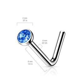 FIFTH CUE Solid Grade 23 Titanium Press Fit Cubic Zirconia 2mm Micro Ball Top L bend Stud Nose Ring, Metal, cubic-zirconia