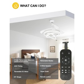42 Inch Retractable Ceiling Fan, Modern Ceiling Fans with Lights Remote, Silent DC Motor 6 Speeds 3 Color Light, Retractable Blade Ceiling Fan White
