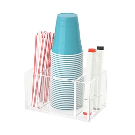 BOSSCASA Cup Holder with Marker Slot, Party Cup Dispenser Acrylic Cup Organizer Mark Your Cup and Drink Up Caddy Modern Bar Counter Decor, Clear