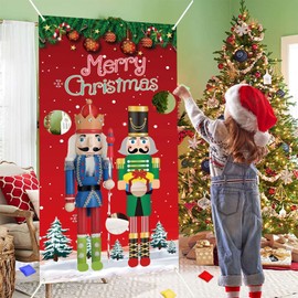 Christmas Nutcracker Toss Game Banner with 4 Bean Bags Christmas Game Decoration Theme Group Sports Tossing Game Activity Banner for Family Party Supplies