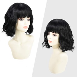 Yamel Wavy Bob Wig with Bangs Black Wig Natural Synthetic Hair Shoulder Length Short Curly Wigs for Women