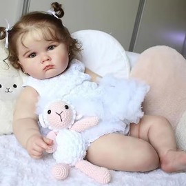 TERABITHIA 24 Inches Realistic Reborn Baby Doll with Blue Eyes & Curly Rooted Hair Lifelike Cloth Body Newborn Toddler Girl Dolls White Lace Outfit & Accessories Gift Set