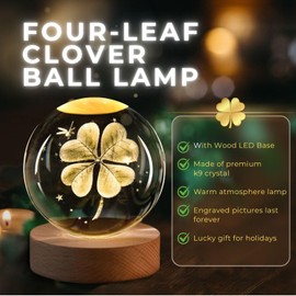 Flexzion 3D Clover Crystal Ball Night Light - LED Light Hologram Glass Lamp with Solid Wood Base, USB Powered Crystal Ball Lamp with Adjustable Brightness for Home Decor Display Gift, 2.4inch(60mm)