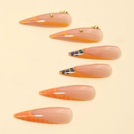 MISUD Goth Press on Nails Long Stiletto Fake Nails Glossy Glue on Nails Orange French Tip Acrylic Nail Supplies Almond Artificial Nail Art Gothic Cross Stick on False Nails with Design DIY 24 pcs