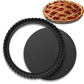 HGKOL Quiche Pan with Loose Base Pie Dish Nonstick Round Flan Dish Flan Case Baking Tins Tart Mould Pie Dish Round Fluted Flan Tin for Baking Quiche Pie Tartlet Pizza - 8 inch