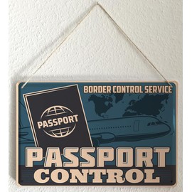 Tin Sign Retro Vintage Metal Poster for the Living Room Airplane Passport Control Motif 20 x 30 cm