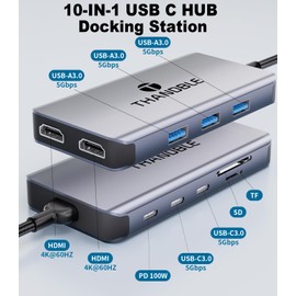 USB C Hub USB C Docking Station Dual Monitor 10 in 1 Multi Monitor Adapter with 2 HDMI, 3 USB-A, 2 Type-C, SD/TF, 100W PD Charging, Dongle for MacBook/Dell/HP/Lenovo ThinkPad/Surface