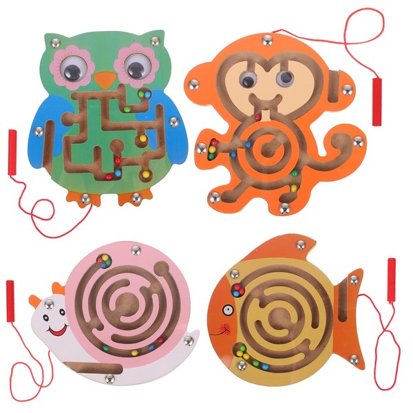 NUOBESTY 4Pcs Wooden Magnetic Maze Puzzle Game Animals Shape Maze Toys Magnetic Pen Driving Beads Interactive Maze Game Early Educational for Kids Toddler