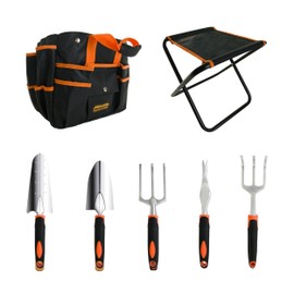 GardenHOME Garden Tool Set, 7 Piece Gardening Tools Set with Heavy Duty Folding Stool and Detachable Garden Tool Bag, Gardening Gifts for Women Men