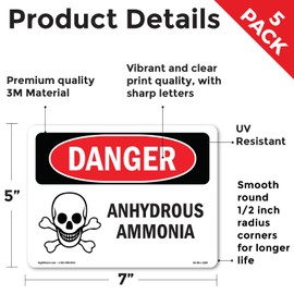 Anhydrous Ammonia OSHA Danger Vinyl Decal Label 7 Inch x 5 Inch - 5 Pack