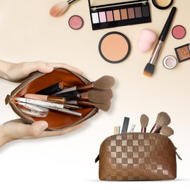 Eowihor 2 Pcs Makeup Bags Set, Large Capacity Makeup Organizer for Women, PU Leather Make Up Bag Portable Travel Toiletry Bag, Stylish Tessellated Cosmetic Bag Two Sizes to Match With Your Heart