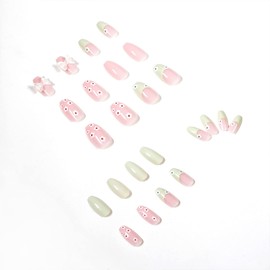 FunBeauty 24pcs Square Fake Nails Youthful Green Crushed Butterflies Glossy Squoval Fake Nails Full Cover Fake Fingernails Acrylic Nails Fingernails Manicure False Nails for Women & Girls