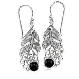 Silvershake Natural Black Onyx Stone 925 Sterling Silver Feather Victorian Style Dangle Hook Long Earrings for Women