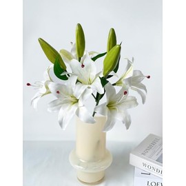 RUZUQE YalzoneMet - 2 piezas de 6 cabezas de flores artificiales de lirio blanco Stargazer, tallos de 28 inch de largo, flores falsas de látex de tacto real, 4 brotes de lirio de seda sintética