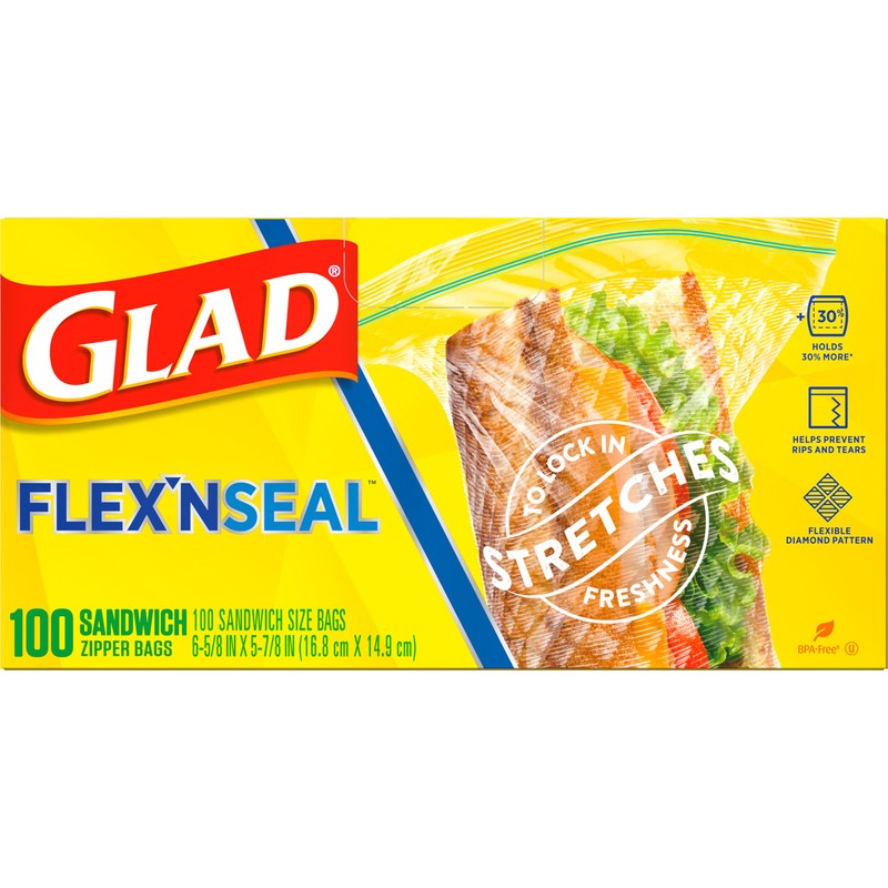 Glad Flex'N Seal Zipper Food Storage Sandwich Bags, Resealable Snack