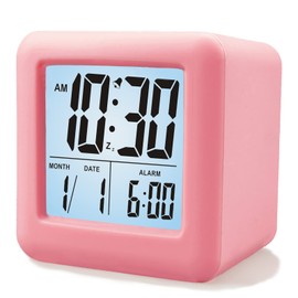 Plumeet Digital Alarm Clock Kids Clock with Snooze and White Nightlight - Easy Setting Travel Alarm Clocks Display Time, Date, Alarm - Ascending Sound - Battery Powered (Baby Pink)
