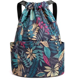 Veyarien Drawstring Gym Bag Backpack, Water Resistant Nylon String Beach Bags Sackpack Backpacks for Travel Sports Yoga (Leaf)