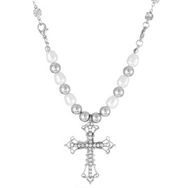 JUSTUSNX Punk Crystal Cross Pearl Necklace Silver Gothic Rhinestone Choker Crucifix Pendant Necklace for Women and Girls (B)