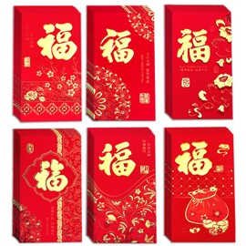 36pcs Red Envelopes Chinese New Year, Red Chinese Envelopes for Money 2025 Lunar New Year of The Snake, Lucky Money Red Packets HongBao with 6 Different Gold Foil Fu Designs for Spring Festival, Large