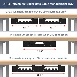 2 Pack Cable Management Under Desk Tray,Adjustable Length(15.7”-31.4”) Large Cord Organizer for Wire Management Tray,Under Table Cord Wire Organizer for Home,Office,Standing Desk,Computer Desk