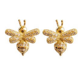 Hiqmic 925 Sterling Silver Post Cute Bee Earrings Animal Ear Stud Piercing Fashion Zirconia White Gold Plated Jewellery Gift, WA90054-Gold
