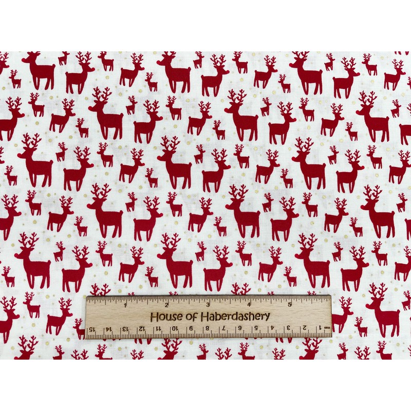 Christmas Fabric - Red Reindeers Stags on Off White -