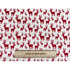 Christmas Fabric - Red Reindeers Stags on Off White - Xmas Craft Fabric Material Metre