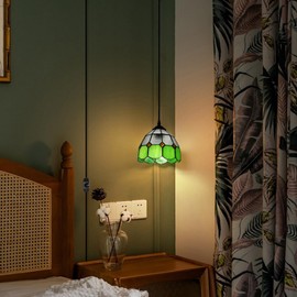 HuisMier Tiffany Style Plug in Pendant Light, Green Mini Chandelier with 15 Ft Hanging Cord and On/Off Dimmer Switch, Vintage Swag Ceiling Lamp for Dining Room Bedroom Living Room Porch, 7.9" Width