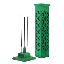GK Global Kitchen Incense Stick Burner – Tower Holder Box For Ash Catchers Joss Cone Holders Sticks Stand Carved Detailing Wood Home Decor (Green), Height: 31cm x Length: 7.5cm x Width: 7.5cm