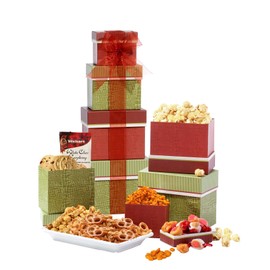 Broadway Basketeers Gourmet Food Gift Basket For Families, Men, Women, Valentines Day Gift Baskets with Snacks & Sweets, Perfect Thank you, Get Well, Birthday 4-Box Gift Tower