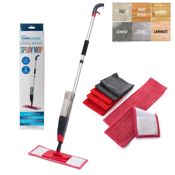 Simpli-Magic Sanitizing Cleaning Kit with 5 Microfiber Cloths and 2 Mop Heads Included, Black/Red