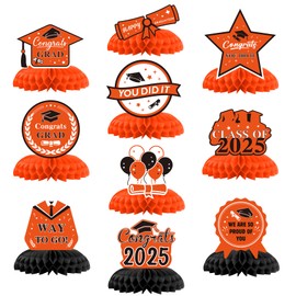 Graduation Decorations 2025, 10 PCS Orange and White Graduation Honeycomb Centerpieces for Tables Decor Cap Toppers Party Favors Supplies Gifts Photo Props Signs Class of 2025 Congrats Grad Backdrop