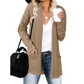 MEROKEETY Women's Casual Long Sleeve Open Front Cable Knit Cardigans Lightweight Solid Color with Pockets,Khaki,L