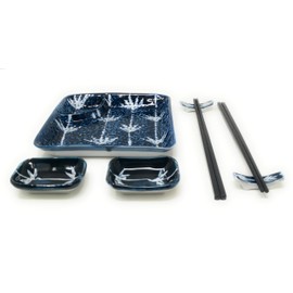 TJ Global Ceramic Square Shape Japanese Sushi for 2 Set, One Plate, Two Chopstick Holders, Two Pairs of Chopsticks, and Two Soy Sauce Dishes, Glazed (#2)