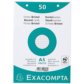 Exacompta - Ref 12608E - Bristol Squared Record Cards (Pack of 50) - A5 in Size, 205gsm Card, Compatible with Printers - Suitable for Exam Revision & Notes - White