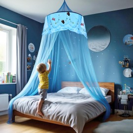 Mosquito Mesh Net for Bed Large Dome Hanging Bed Canopy for Boys with Round Lace for Punch-free Installation Bed Net for Single to Double Bed Ideal for Bedroom Decorative (Blue)