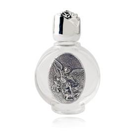Luomu Glass Holy Water Bottle 0.5 floz with Silver-Toned Cap and Silver-Toned Depiction of The Holy Family (St.Michael)