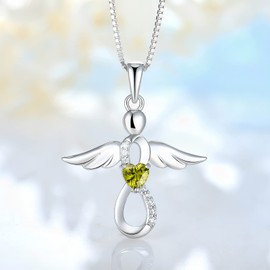 FJ Guardian Angel Necklace 925 Sterling Silver Infinity Peridot Necklace August Birthstone Pendant Angel Jewelry Gifts for Women