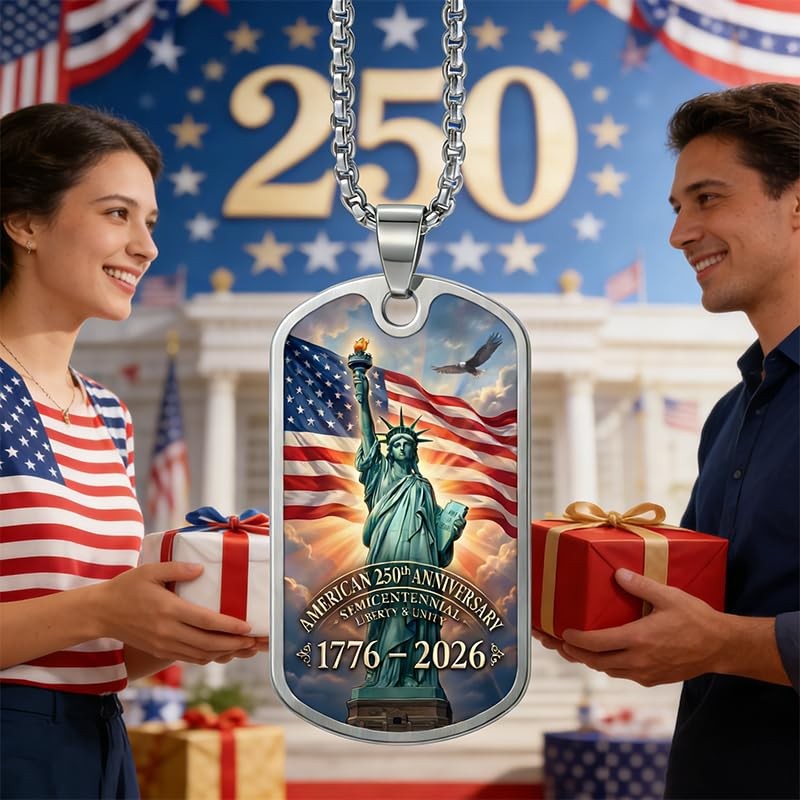 GuoShuang American 250th Anniversary Dog Tag Pendant Necklace, Silver Stainless