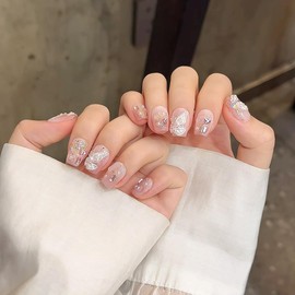 NLSJMP 3D handmade nails press on false nails,Thick Strong Waterprooft short square pink butterfly pearl rhinestone cute acrylic fake nails designed kit,10 Nails Size L #2067